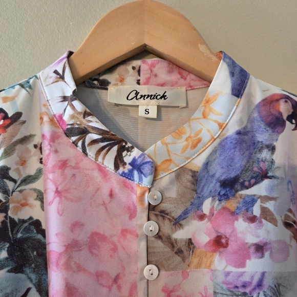 Annick Patchwork Tropical Floral Animal Print Midi Feminine Long Sleeve Dress S - Picture 9 of 13